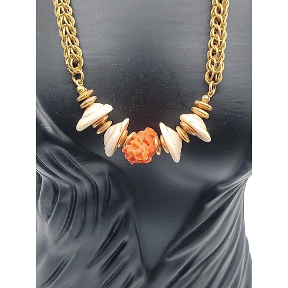 Miriam Haskell Puka Shell Raw Coral Necklace Vintage 15" Gold Tone Wheat Chain - Picture 5 of 16